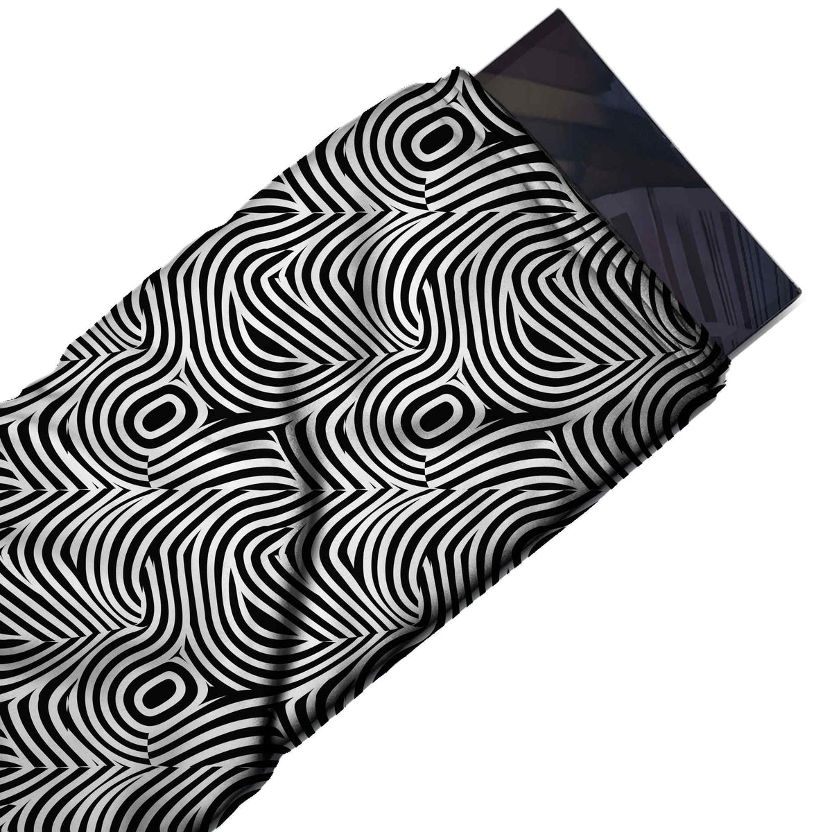 Flat fabric swatch: all-over layout of medium-width flat black and white wavy stripes that, design Design No_4130, Clothwala