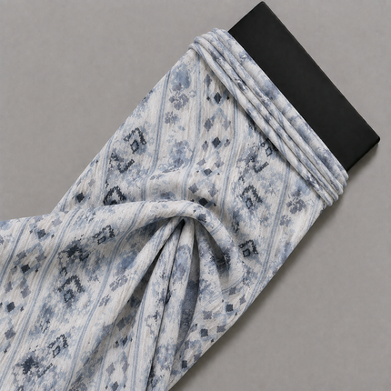 White & Blue & Grey Ikat Geometric Stripe Print Fabric — design 359AC-S/DS-493, Clothwala