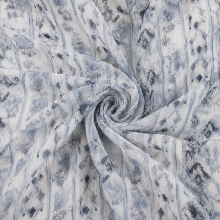 White & Blue & Grey Ikat Geometric Stripe Print Fabric — design 359AC-S/DS-493, Clothwala