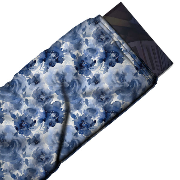 White & Blue Watercolour Roses Printed Crepe Fabric