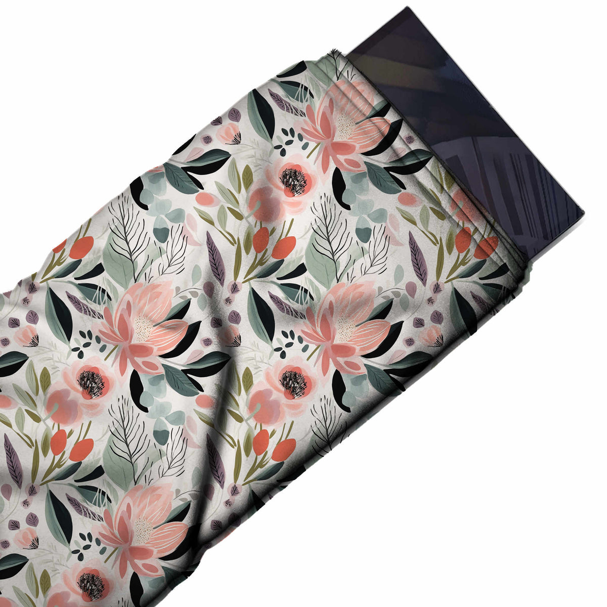 Flat fabric swatch: all-over floral of blush pink lotus-style blooms and anemones with dark centres, design 3572, Clothwala
