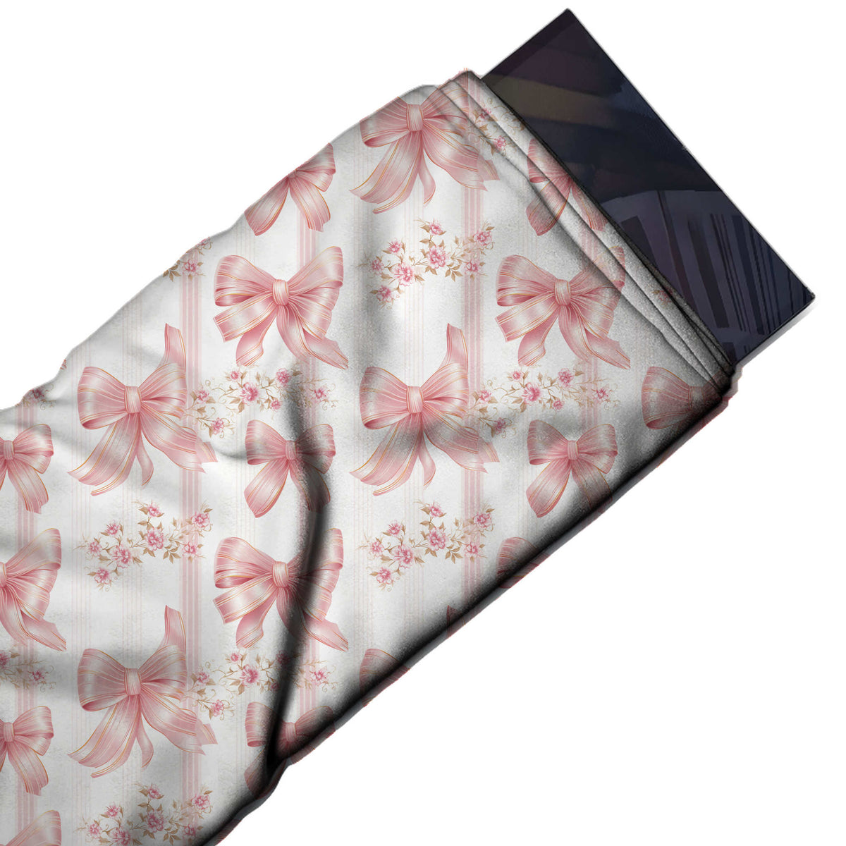 Flat fabric swatch: all-over layout of shaded blush pink satin bows in several shapes, design Design No_4872, Clothwala