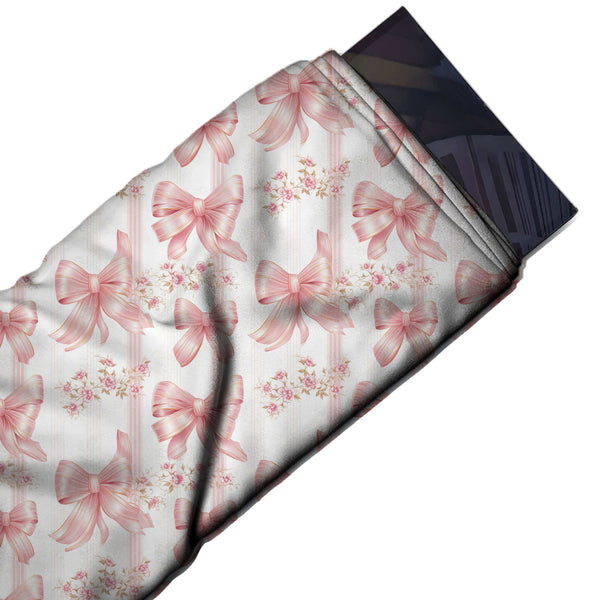 White & Blush Pink Satin Bows & Rosebuds Printed Printed American Crepe Fabric Fabric