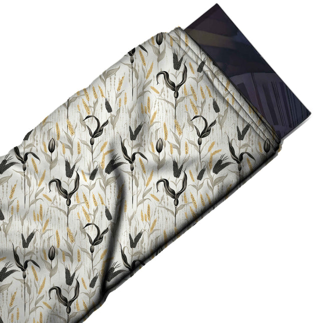 Flat fabric swatch: all-over one-way print of slender upright corn stalks with shaded, design Design No_4088, Clothwala