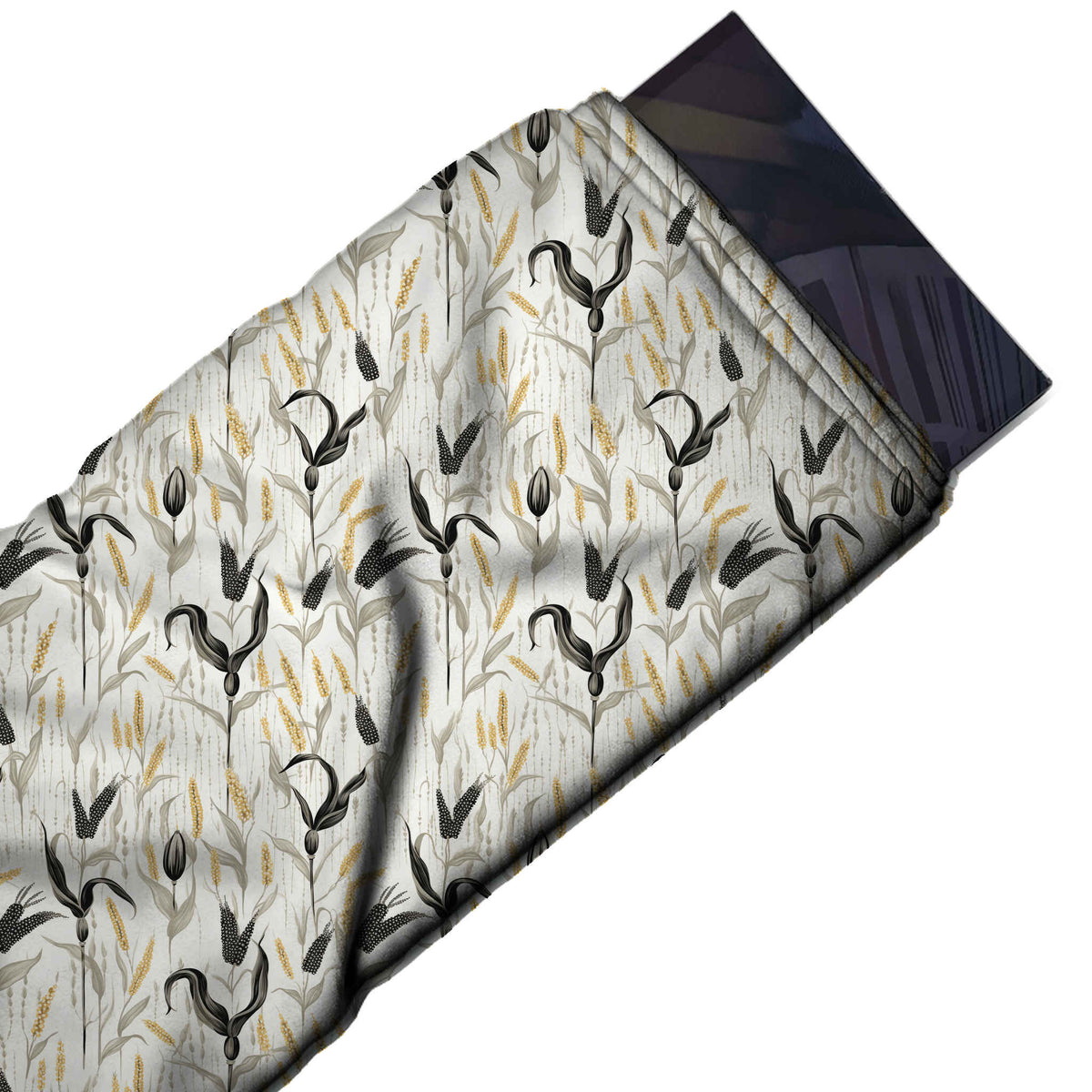 Flat fabric swatch: all-over one-way print of slender upright corn stalks with shaded, design Design No_4088, Clothwala