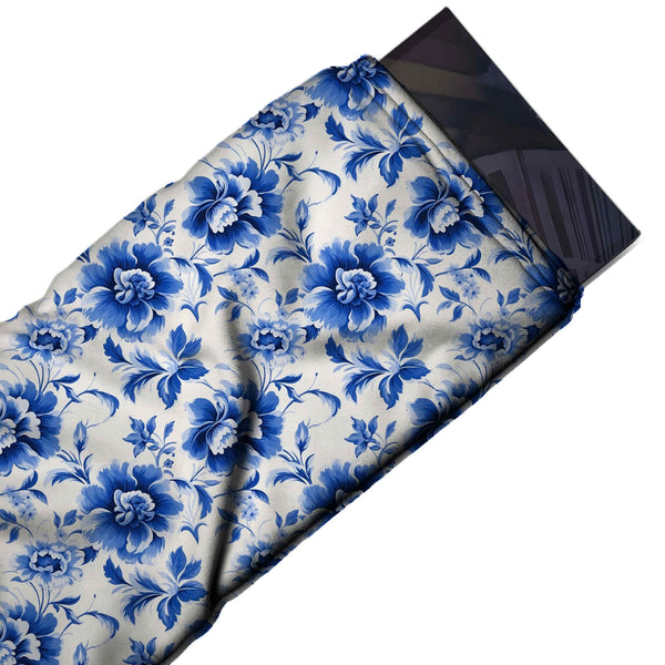 White & Cobalt Blue Porcelain Blue Peony Printed Pure Natural Crepe Fabric