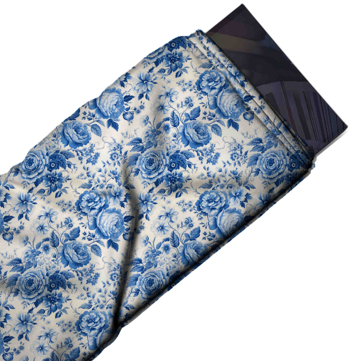 Flat fabric swatch: dense all-over layout of cobalt and mid blue roses in clusters with sky blue, design 3603, Clothwala