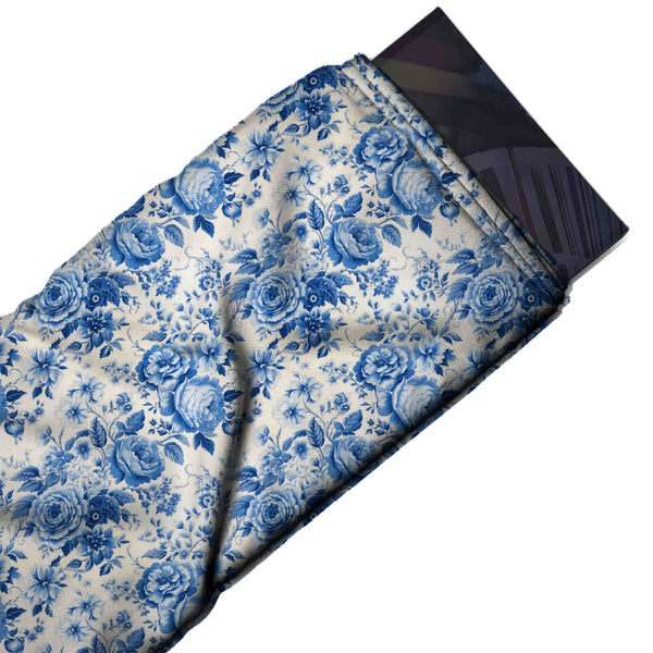 White & Cobalt Blue Rose Cluster Printed Armani Satin Fabric