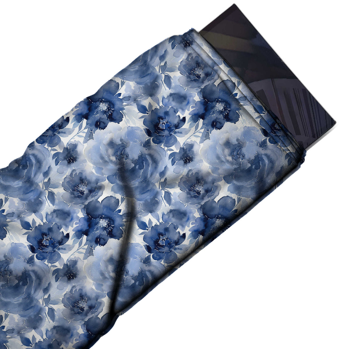 White & Cobalt Blue Watercolour Roses Printed Moss Crepe Fabric - flat fabric swatch, design Design No_3830, Clothwala