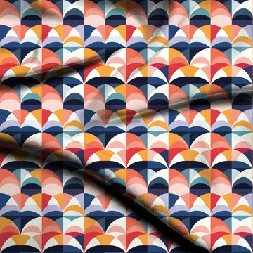 White & Coral Layered Rainbow Arches Printed French Crepe Fabric
