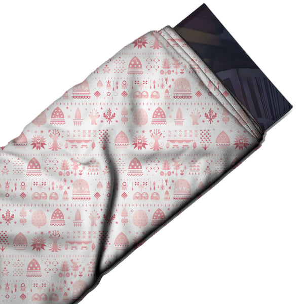 White & Coral Pink Folk Dome & Sunburst Printed Pure Natural Crepe Fabric