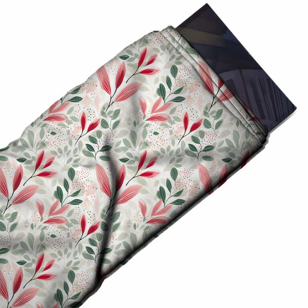White & Coral Pink Leaf Sprigs Printed Armani Satin Fabric