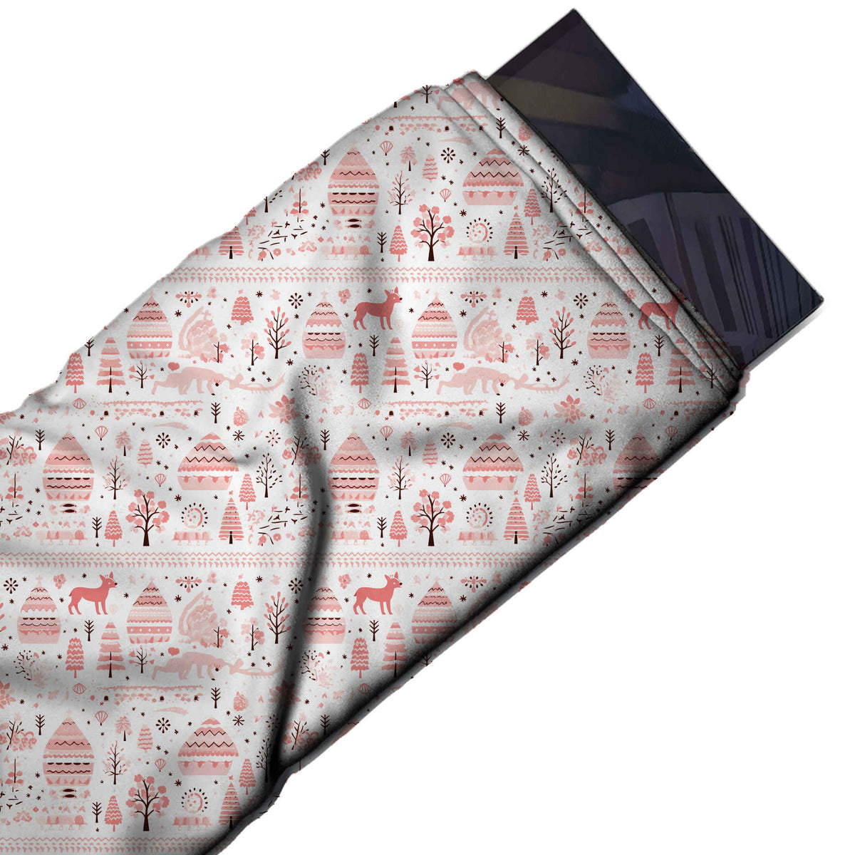 Flat fabric swatch: busy one-way scene in wide repeating bands: small striped dome-shaped, design Design No_4510, Clothwala