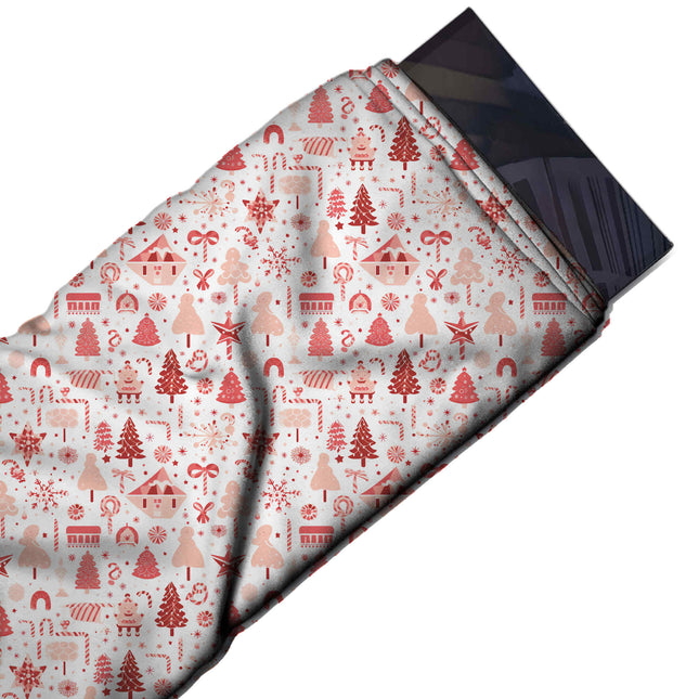Flat fabric swatch: all-over one-way novelty print of brick red and coral Christmas trees, design Design No_4955, Clothwala