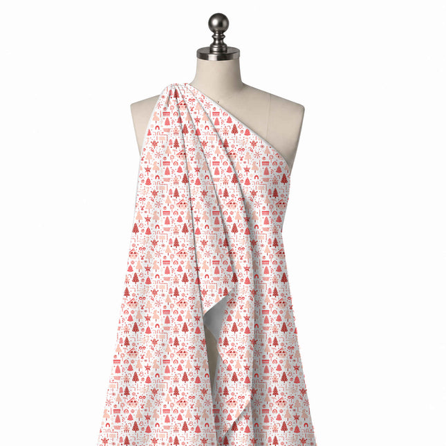 Draped on a mannequin: all-over one-way novelty print of brick red and coral Christmas, design Design No_4955, Clothwala