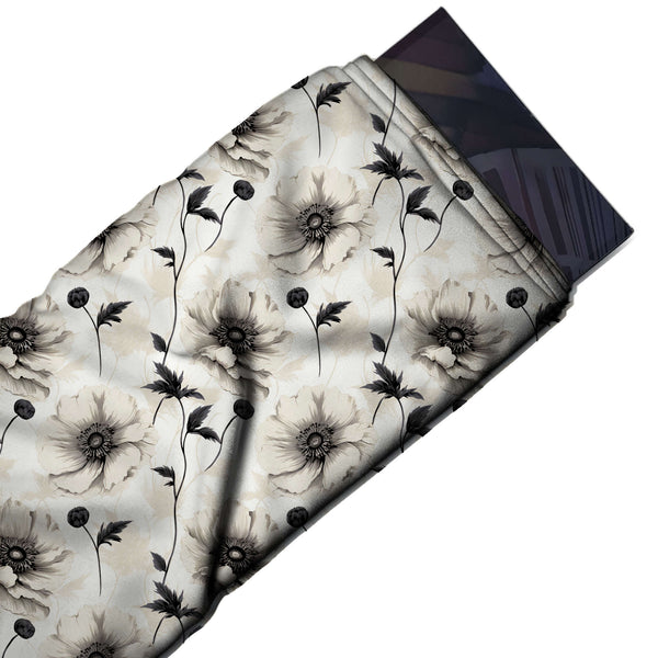 White & Cream Anemone & Bud Stems Printed French Crepe Fabric