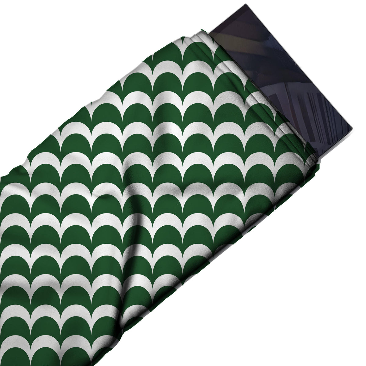 Flat fabric swatch: two-colour geometric of solid dark green rounded arches in close, design Design No_4178, Clothwala
