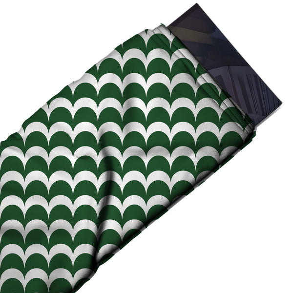 White & Dark Green Bold Scallop Arches Printed French Crepe Fabric