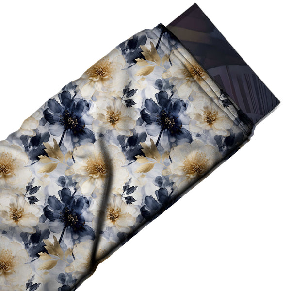 White & Dark Navy Poppy Cream Peony Printed Crepe Fabric