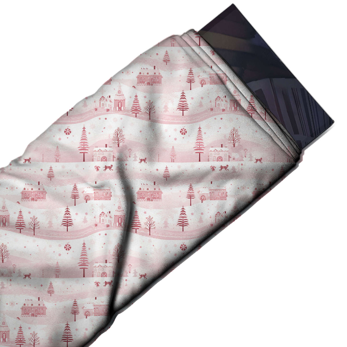 Flat fabric swatch: one-way scenic print in horizontal wavy bands of pale pink snow hills, design Design No_4957, Clothwala