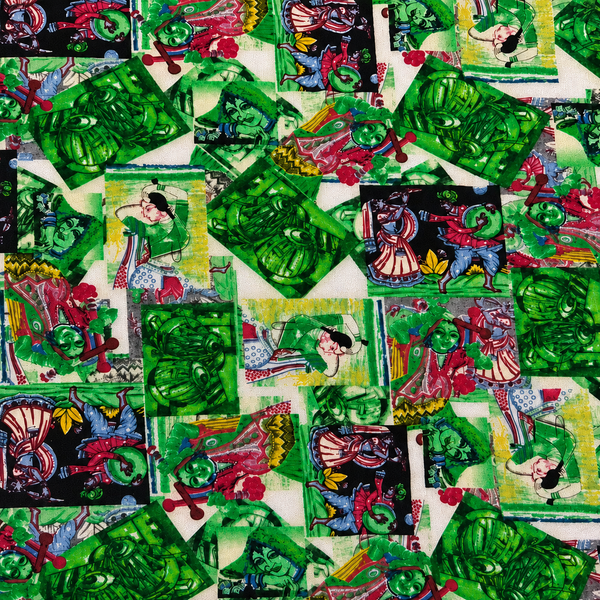 White & Emerald Green Mythological Scene Collage Print Fabric