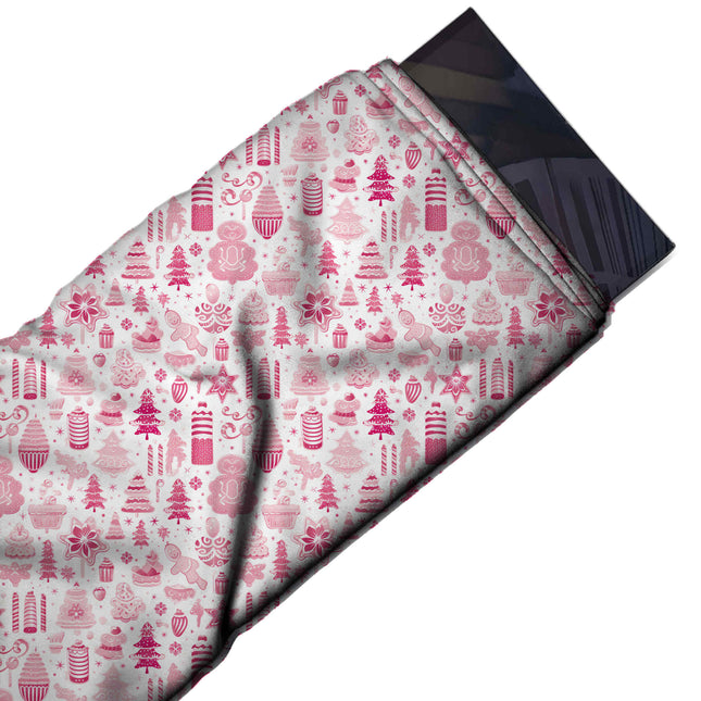 Flat fabric swatch: dense all-over one-way print of tiered cakes, striped cupcakes, design Design No_4951, Clothwala
