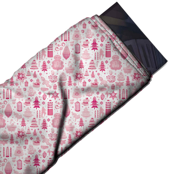 White & Hot Pink Cakes & Christmas Trees Printed Viscose Muslin Fabric
