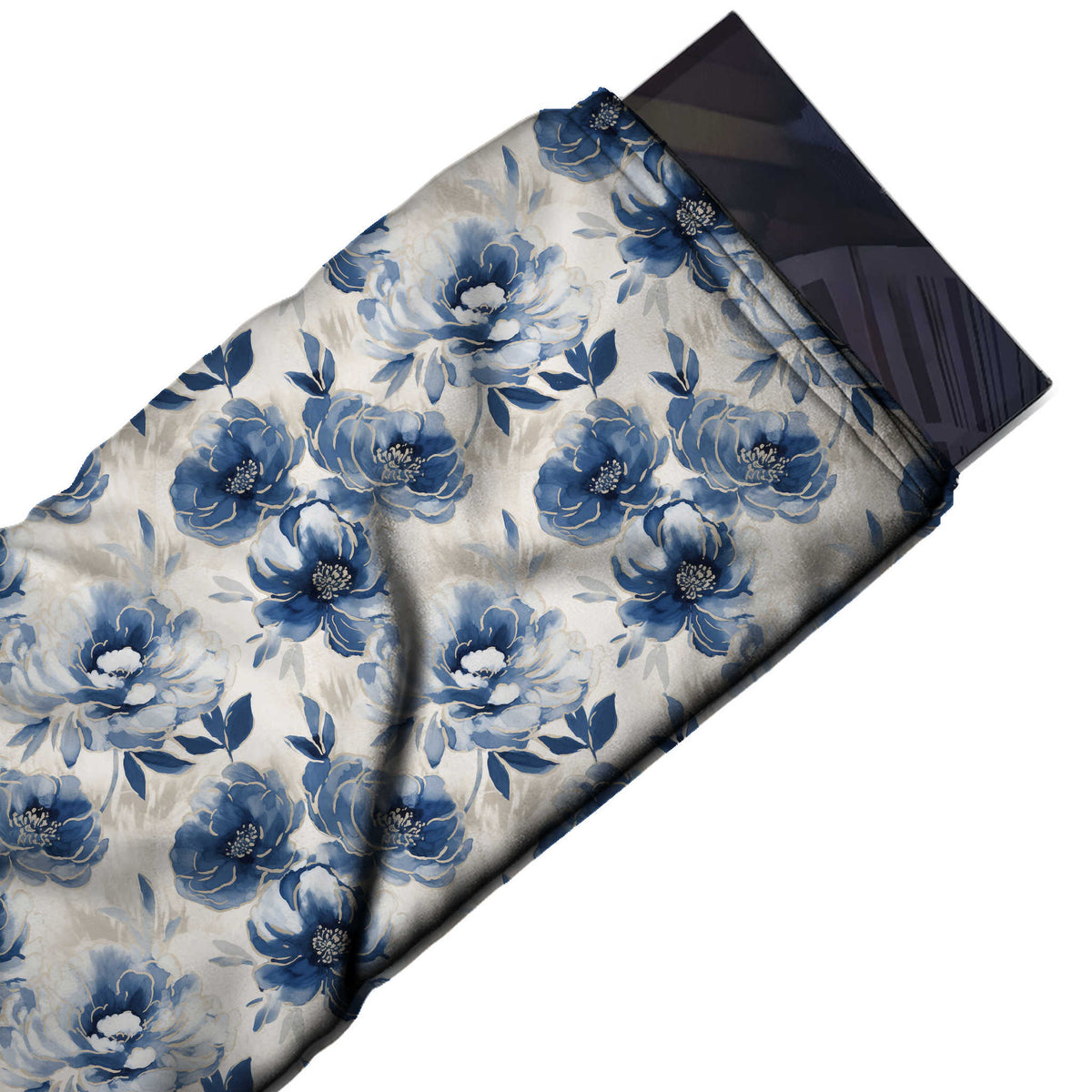 White & Indigo Blue Peony Clusters Printed Moss Crepe Fabric - flat fabric swatch, design Design No_3844, Clothwala