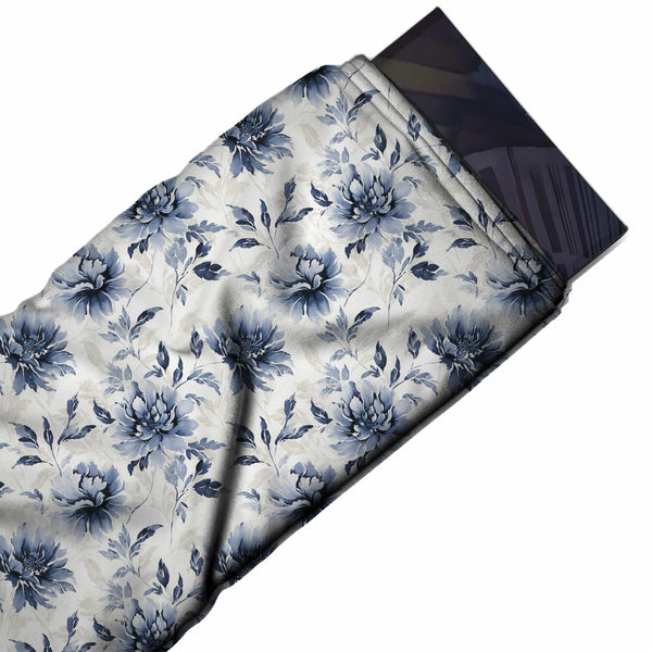 White & Indigo Blue Peony Sprigs Printed Moss Crepe Fabric