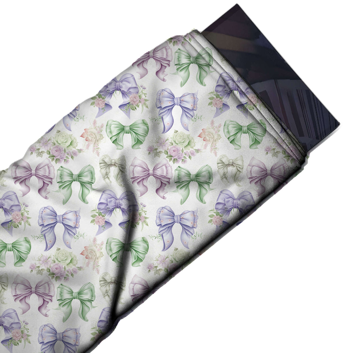 Flat fabric swatch: medium-scale watercolour bows with frilled edges and short tails in, design Design No_4427, Clothwala
