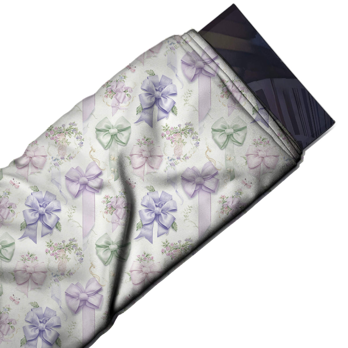 Flat fabric swatch: one-way all-over print of medium satin bows in lavender, lilac, design Design No_4422, Clothwala