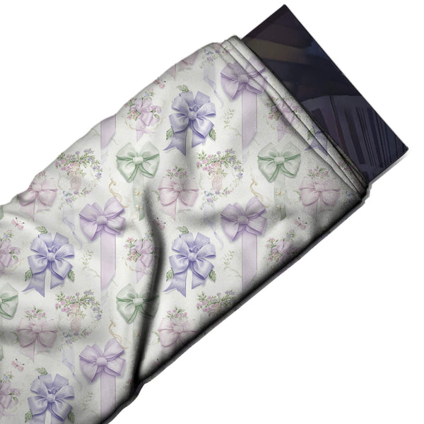 White & Lavender Streamer Bows & Posies Printed Pure Natural Crepe Fabric