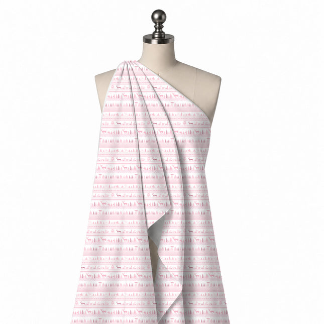 Draped on a mannequin: horizontal band layout with rows of small silhouette stags and fir, design Design No_4492, Clothwala