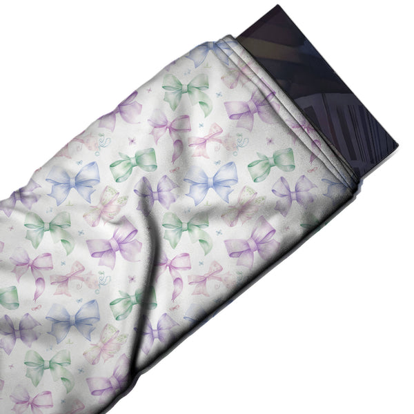 White & Lilac Watercolour Pastel Bows Printed Pure Natural Crepe Fabric