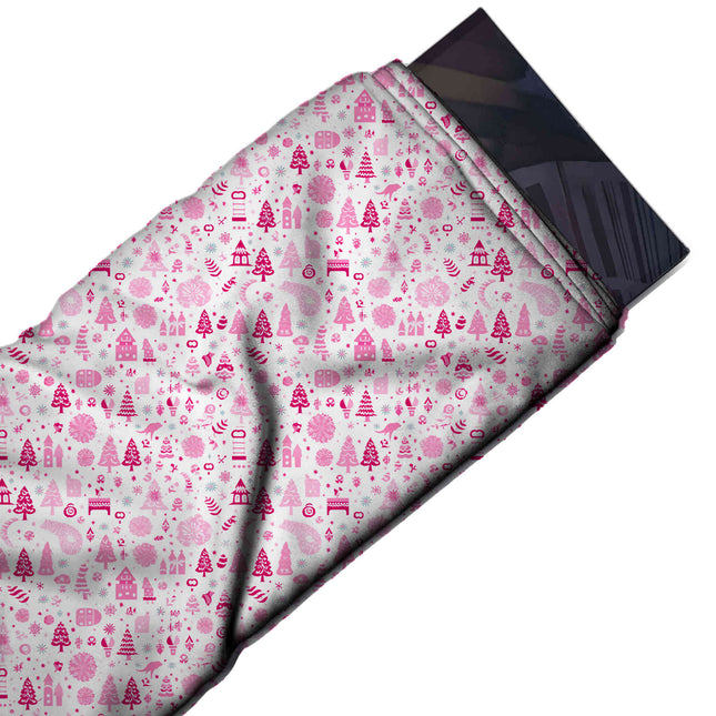 Flat fabric swatch: dense all-over ditsy-scale print of upright magenta and pink Christmas, design Design No_4943, Clothwala