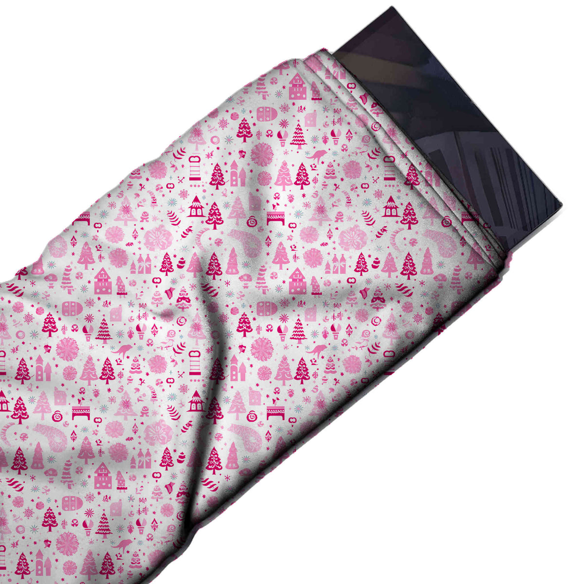 Flat fabric swatch: dense all-over ditsy-scale print of upright magenta and pink Christmas, design Design No_4943, Clothwala