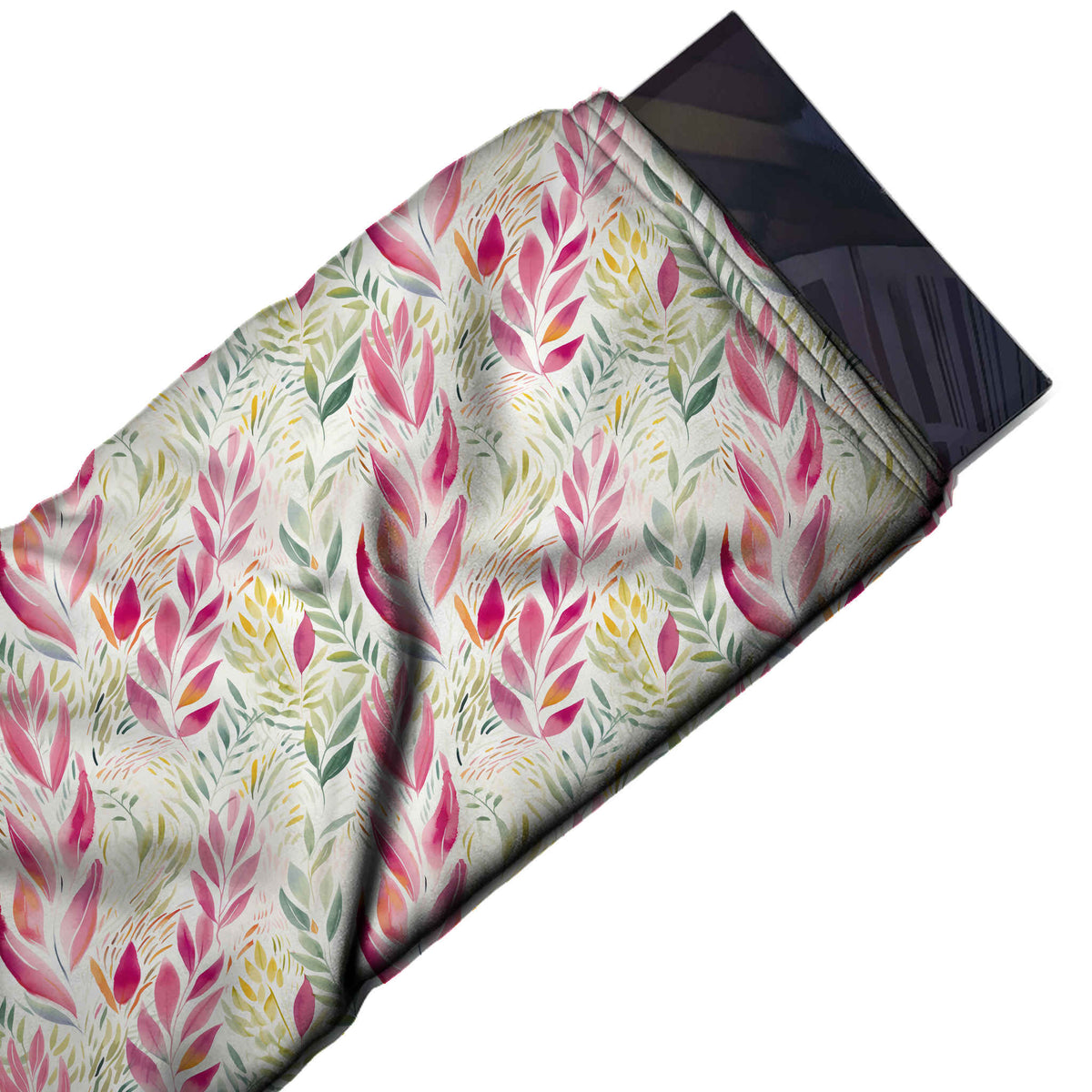 Flat fabric swatch: all-over one-way botanical of upright watercolour leaf fronds in magenta, design 3581, Clothwala