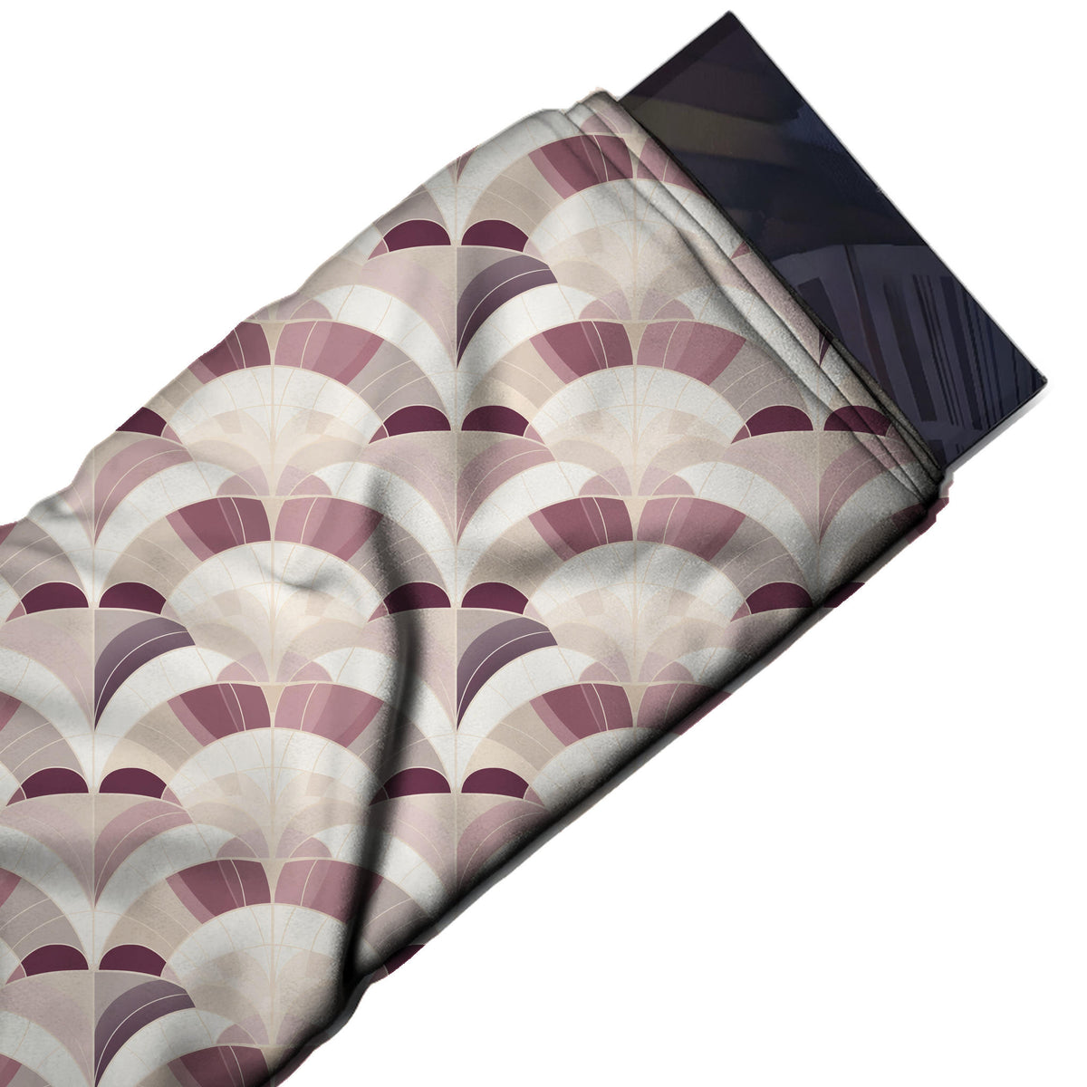 Flat fabric swatch: all-over large-scale fan repeat of banded concentric arcs in white, design Design No_4276, Clothwala