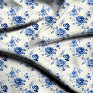 White & Mid Blue Rose Sprig Printed Armani Satin Fabric
