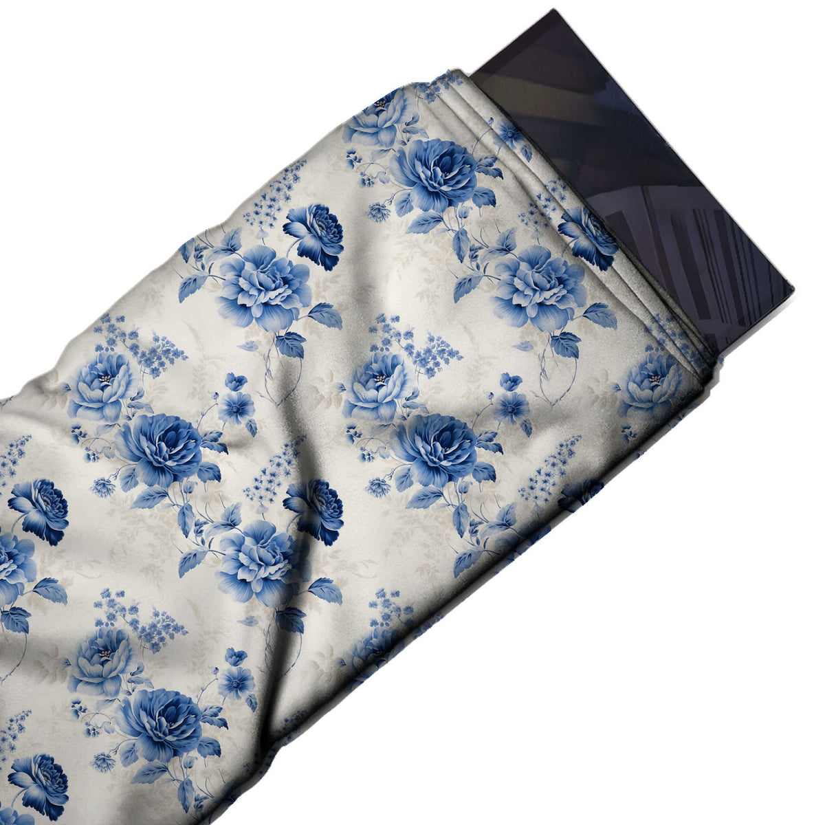 Flat fabric swatch: spaced all-over layout of softly shaded mid blue and navy roses on fine stems, design 3598, Clothwala