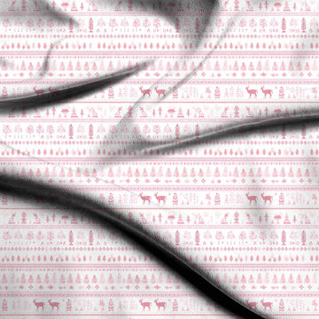 White & Mid Pink Cross-Stitch Deer & Trees Printed Pure Natural Crepe Fabric