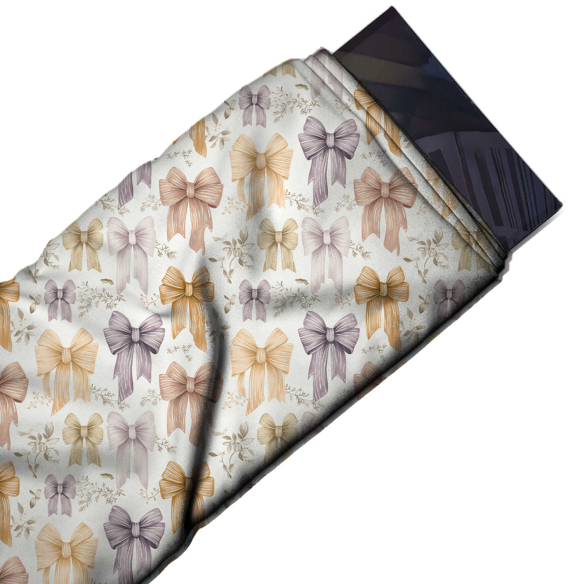 Flat fabric swatch: one-way all-over layout of medium watercolour ribbon bows with hanging, design Design No_4395, Clothwala