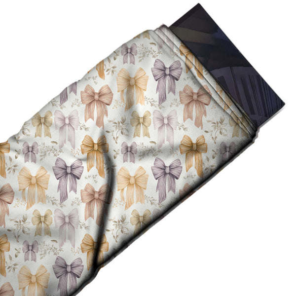 White & Mustard Long Tail Bows Printed Pure Natural Crepe Fabric