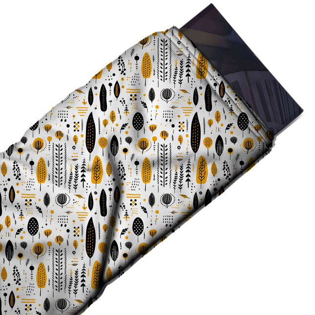 Flat fabric swatch: small-scale one-way print of flat folk-style leaves, fern stems, design Design No_4081, Clothwala