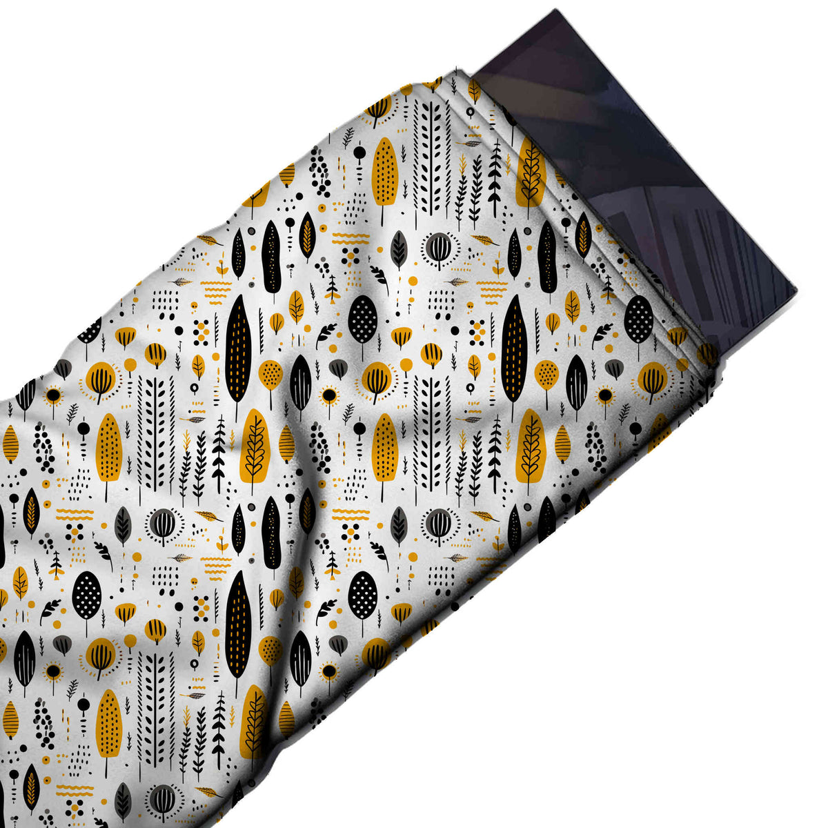 Flat fabric swatch: small-scale one-way print of flat folk-style leaves, fern stems, design Design No_4081, Clothwala