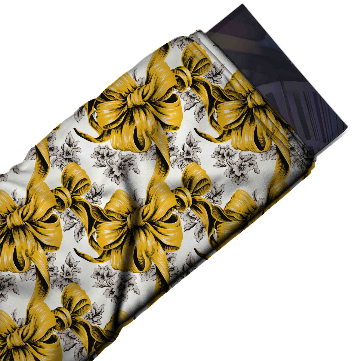 Flat fabric swatch: large-scale print of mustard yellow bows with heavy black, design Design No_4430, Clothwala