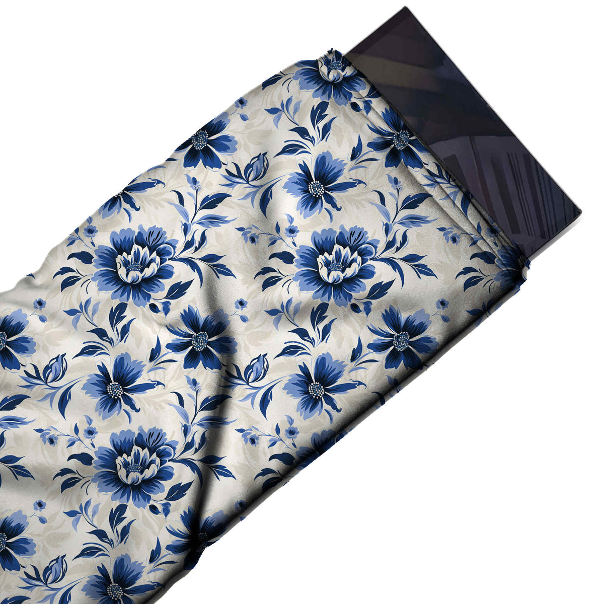 Flat fabric swatch: all-over medium-scale floral alternating rows of navy and blue peonies, design Design No_4571, Clothwala