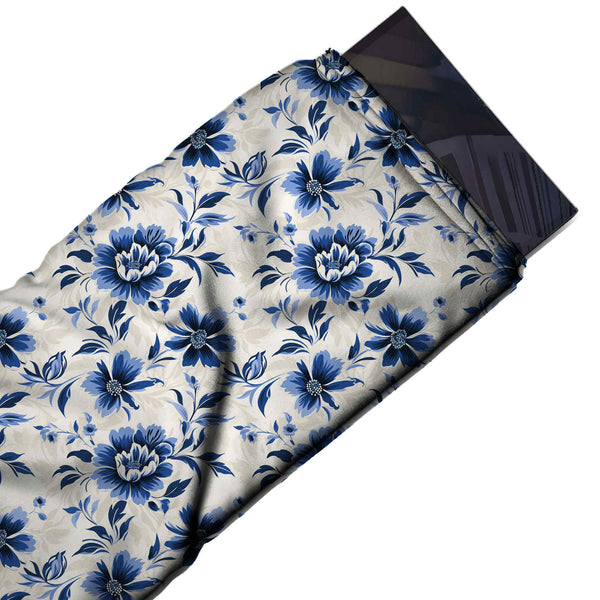 White & Navy Blue Peony & Daisy Printed Pure Natural Crepe Fabric