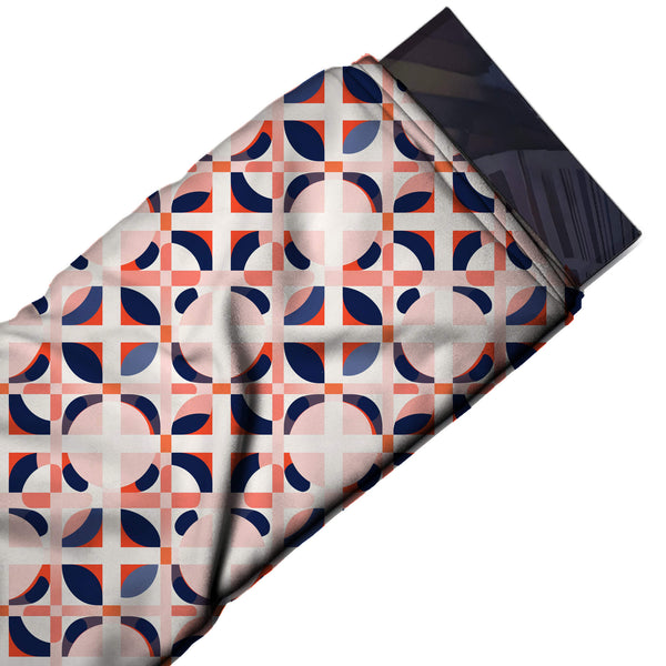 White & Navy Circle & Leaf Lattice Printed French Crepe Fabric