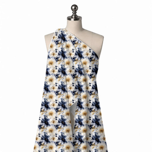White & Navy Inky Navy & Gold Florals Printed Moss Crepe Fabric